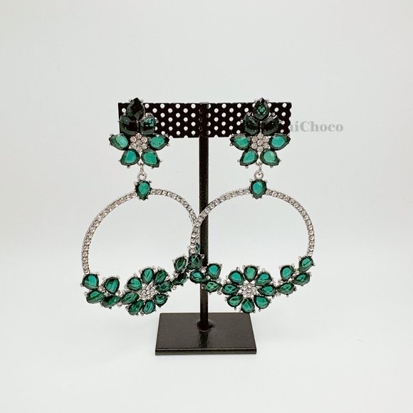 Royal Green Chandelier Crystal Flower Post Earrings - Picture 3 of 8